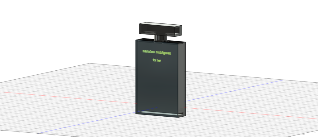 Narciso Rodriguez perfume bottle from the top left, black with a rectangular cap and green text.