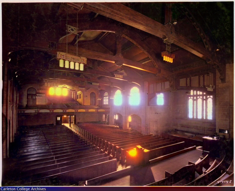 Image of the interior of Carleton College's Chapel, colorized with AI tools.