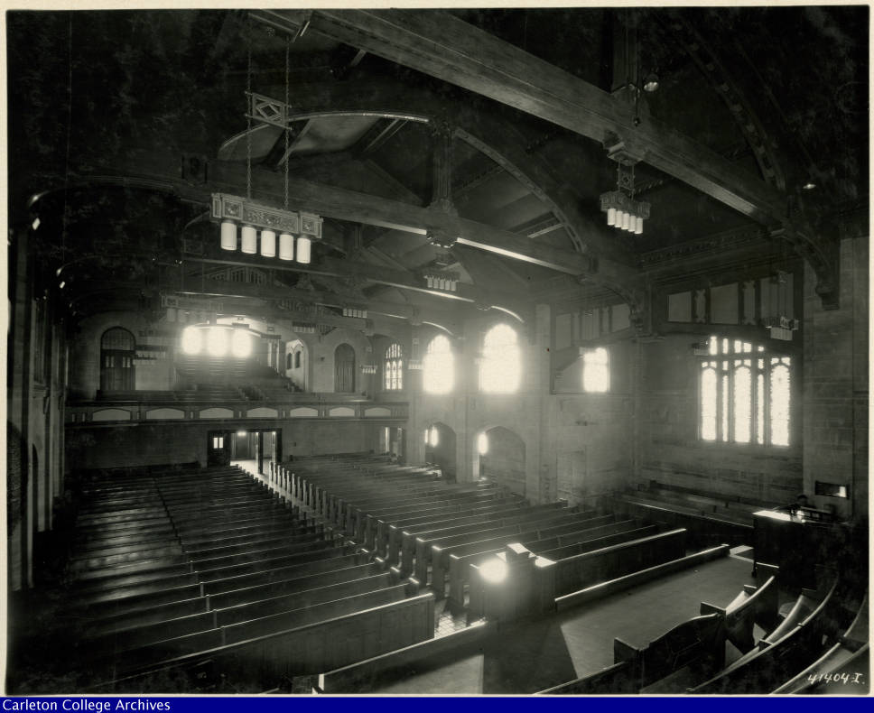 Old black and white image of the interior of Carleton College's Chapel